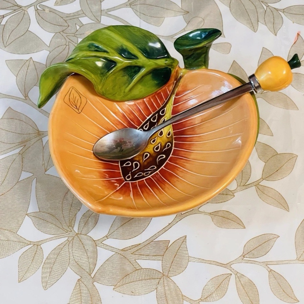 Blue Sky J. McCall Footed Peach Ice Cream Bowl Dish & Spoon 2004 Glazed Pottery